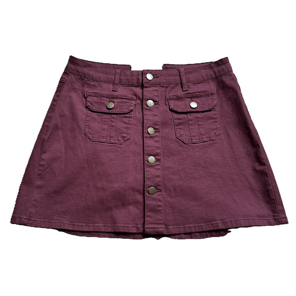 Altar’d State Burgundy Stretch Denim Button-Front Mini Skirt - Picture 7 of 7